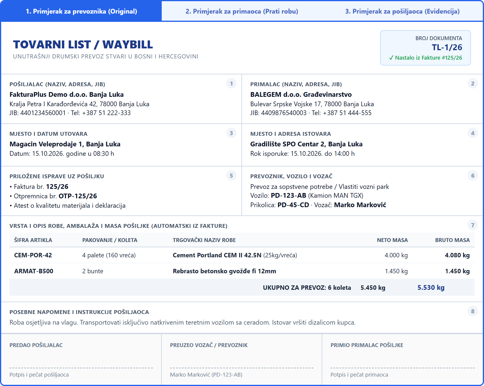 Domaći tovarni list za unutrašnji drumski transport u BiH